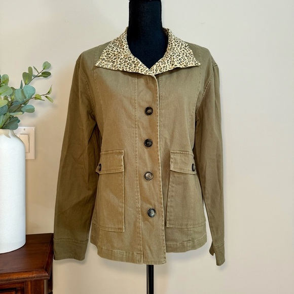 PEYTON JENSEN SAFARI JACKET LONG SLV BUTTON UP OLIVE GREEN 97% COTTON MEDIUM - Picture 1 of 6